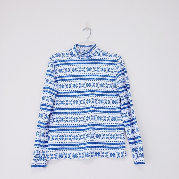 Lands End Cotton Mockneck Blue White Fairisle Print Long Sleeve Turtleneck XS 6 - Picture 3 of 9